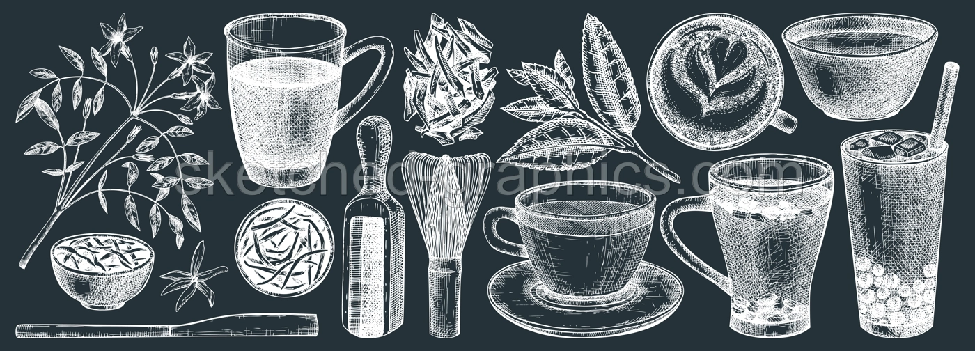 Hand-sketched tea drinks and ingredients collection. Vector sketches of hot beverage cups, dried leaves, jasmine blossom. Green Tea, black tea, white tea, matcha drawing for menu design on chalkboard Illustration